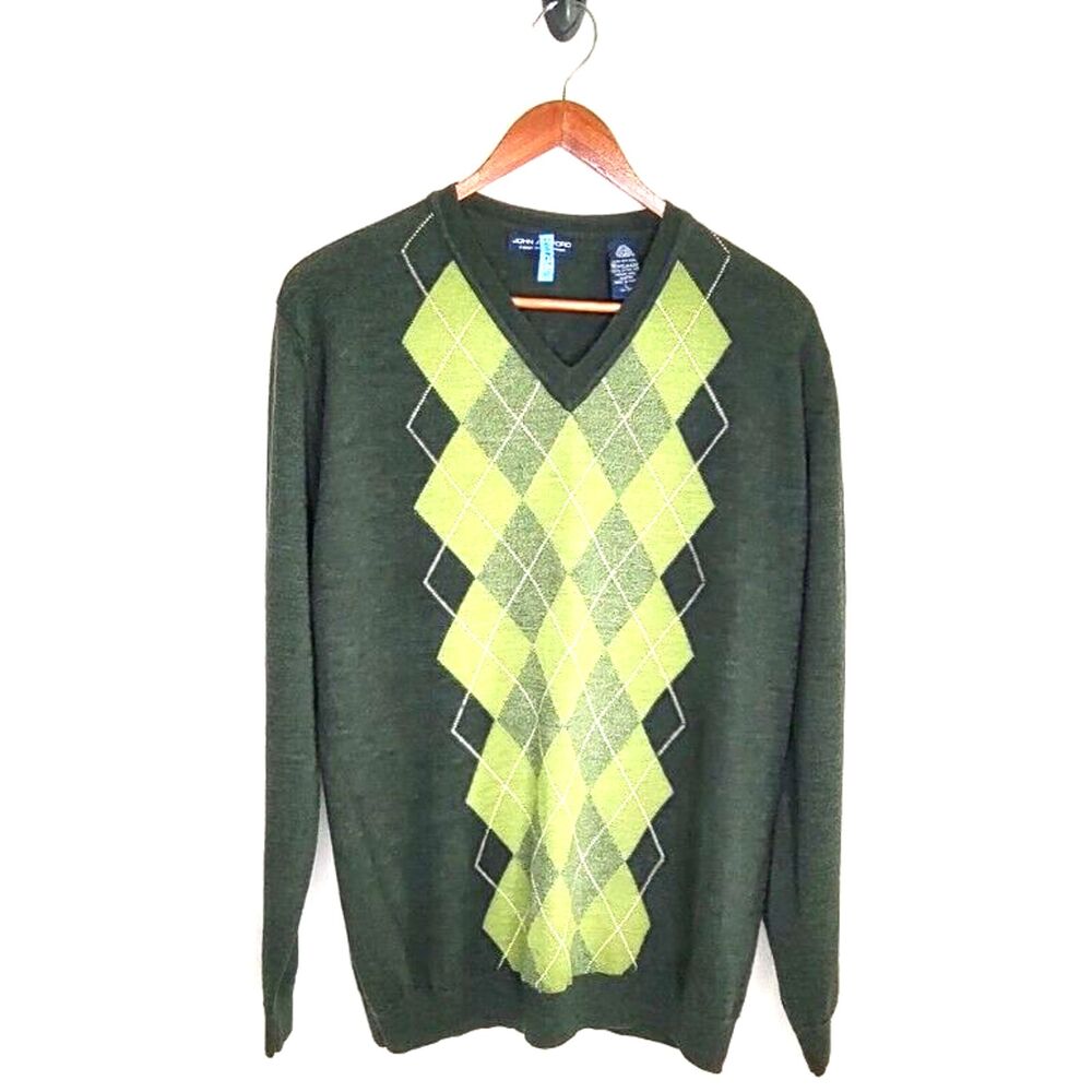 John Ashford Sz LG Vintage Green Argyle Golf Sweater V-Neck Italian Merino Wool